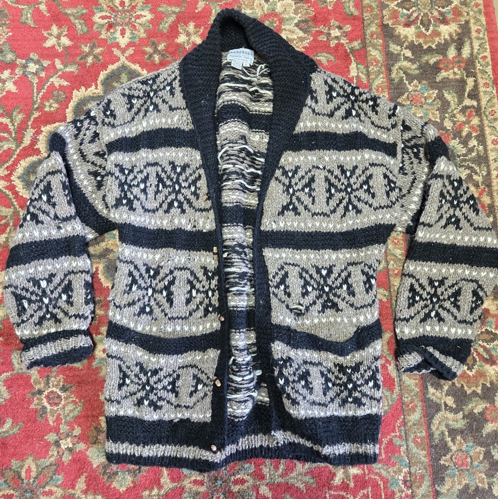 Nomadic Traders Handmade Fair Isles What Wool Cardigan Men’s L Chunky Knit VTG